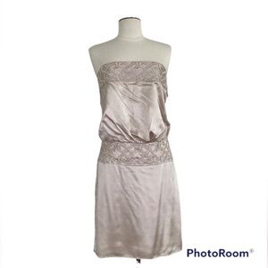 Sheri Bodell Silk Nude Strapsless Embroidered with Beads Mini Dress Size 2 EUCc